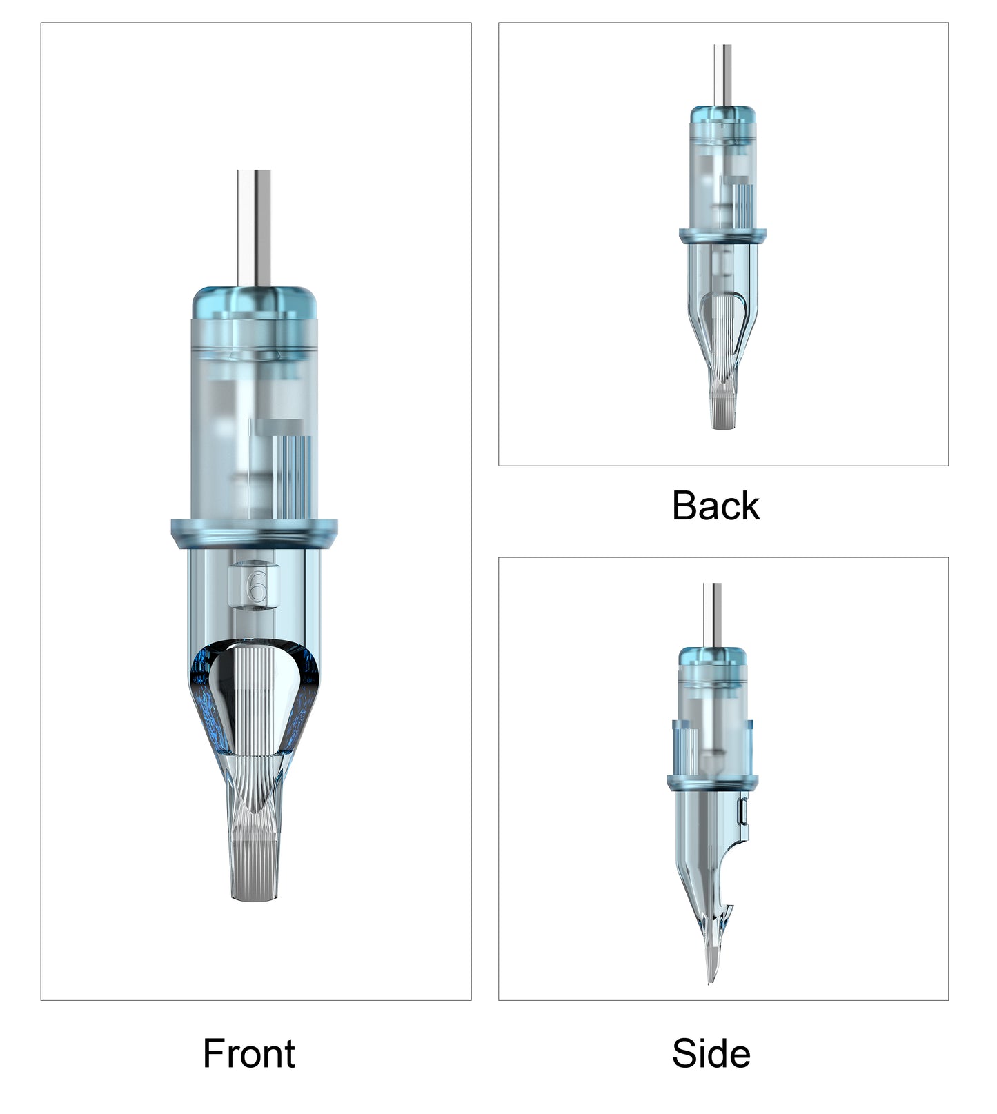 CM2 Standard Tattoo Cartridge Needle front, side and rear views