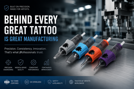 Precision tattoo cartridge needle manufacturing in an ISO 13485 production facility, featuring automated assembly, quality control, and medical-grade engineering.