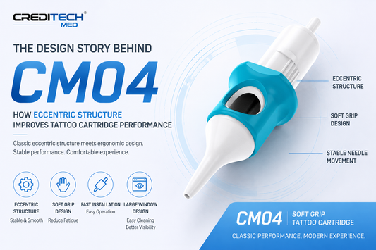 CM04 tattoo cartridge with eccentric structure and soft grip design developed by CREDITECH MED