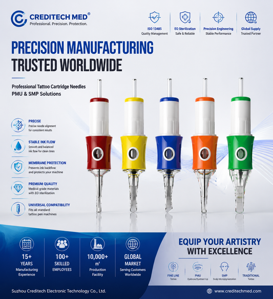 CREDITECH MED professional tattoo cartridge needle manufacturer featuring precision manufacturing, PMU and SMP solutions