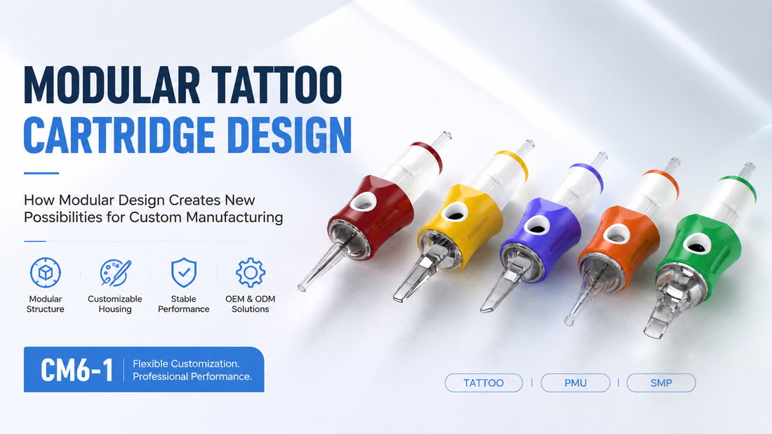 Modular tattoo cartridge design featuring CM6-1 customizable soft grip tattoo cartridge needles for custom manufacturing solutions