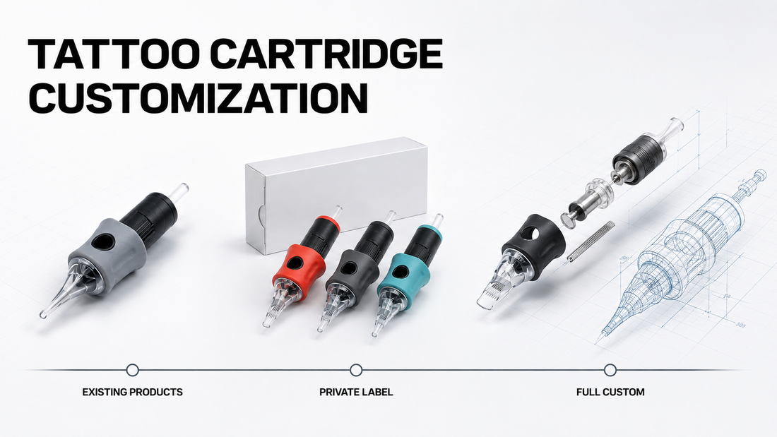 Tattoo cartridge customization options including existing products private label and full custom development