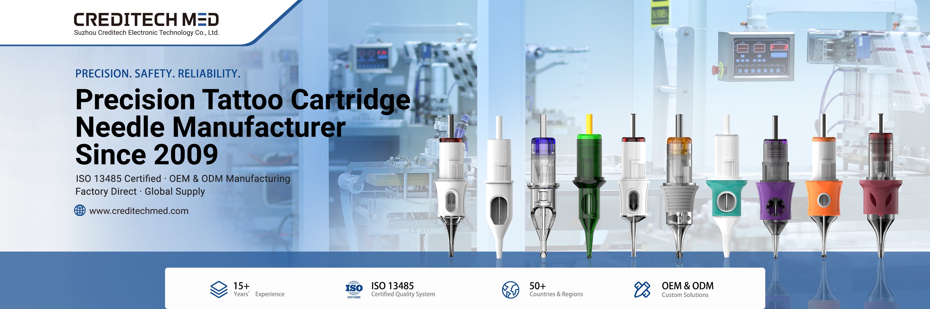 CREDITECH MED precision tattoo cartridge needle manufacturer with ISO 13485 certified factory, OEM & ODM manufacturing and professional cartridge needle products
