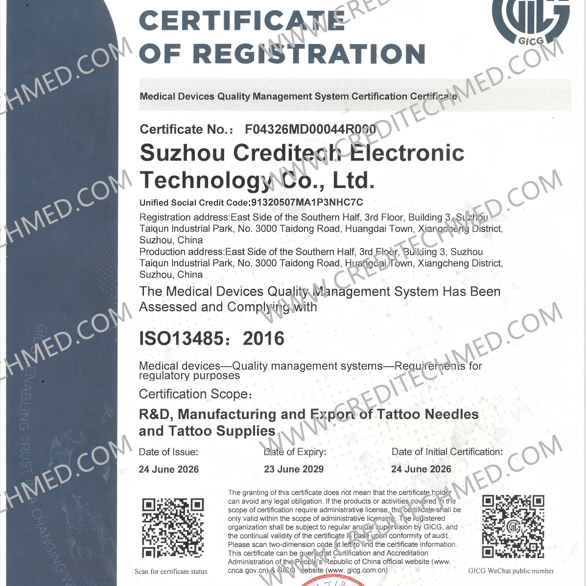 ISO 13485:2016 quality management system certification for CREDITECH MED tattoo needle manufacturing