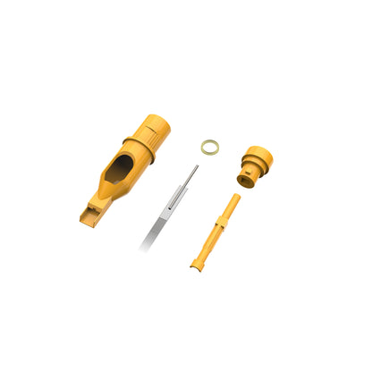 CM1 tattoo cartridge needle structure showing rubber band stabilization system and transparent tip