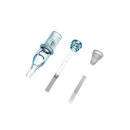 CM2 tattoo cartridge needle structure showing first-generation silicone membrane system, needle assembly and transparent tip