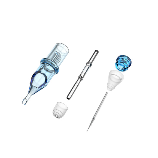 CM2 tattoo cartridge needle structure showing first-generation silicone membrane system, needle assembly and transparent tip