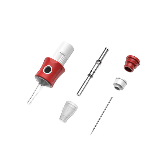 CM06-1 PMU cartridge needle structure showing integrated soft grip, membrane system and extended transparent tip