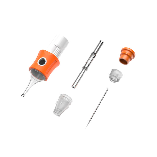 CM06-1 tattoo cartridge needle structure showing split-body design, soft silicone grip and extended transparent tip