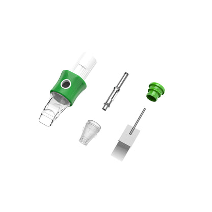 CM06-1 tattoo cartridge needle structure showing split-body design, soft silicone grip and extended transparent tip