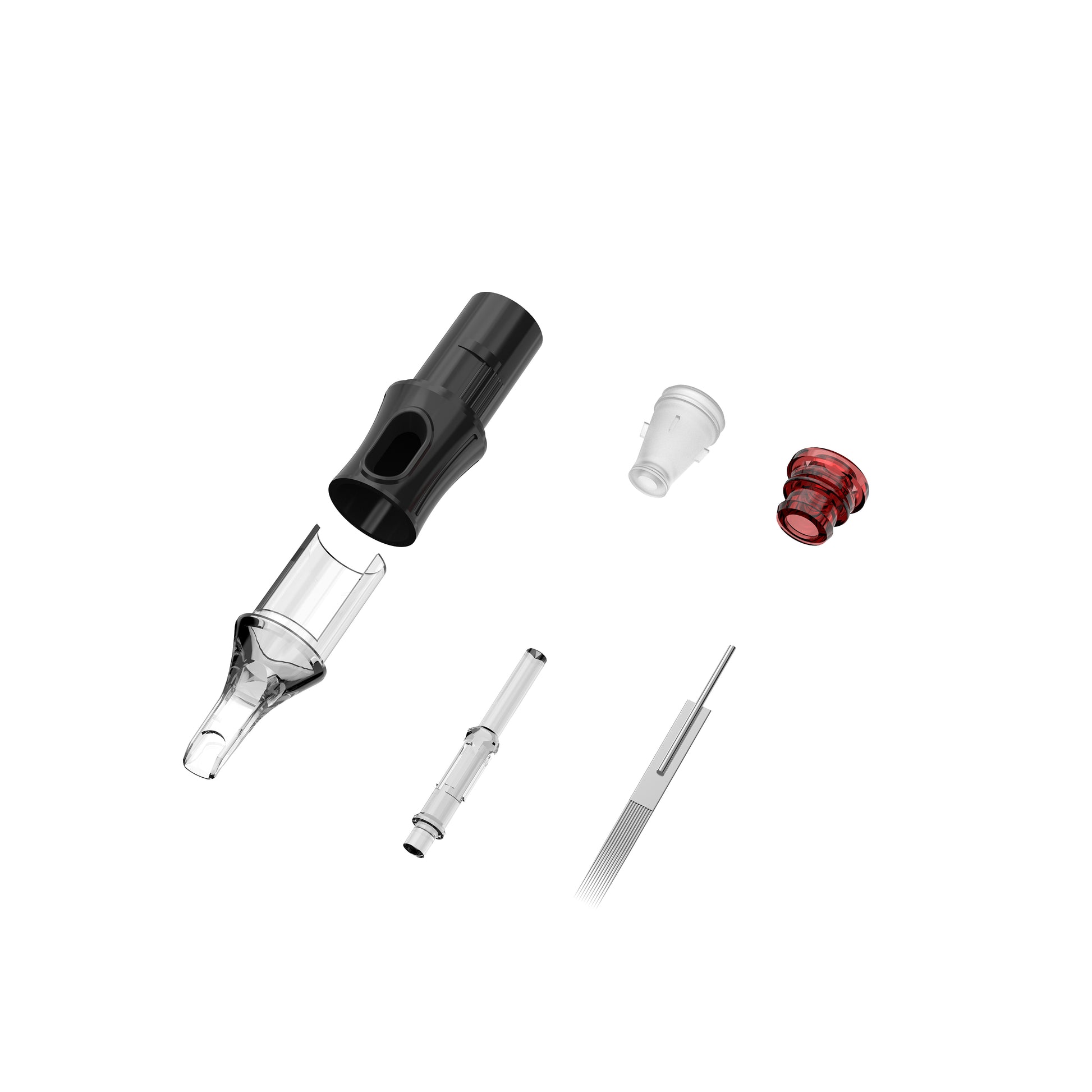 CM6 tattoo cartridge needle structure showing integrated needle stabilizer, safety membrane and extended transparent tip-Magnum
