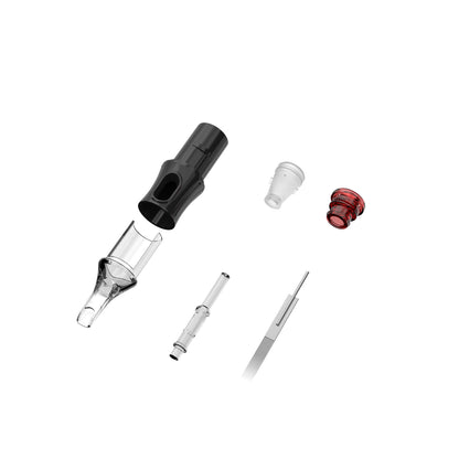 CM6 tattoo cartridge needle structure showing integrated needle stabilizer, safety membrane and extended transparent tip-Magnum