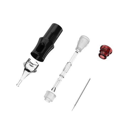 CM6 tattoo cartridge needle structure showing integrated needle stabilizer, safety membrane and extended transparent tip ROUND