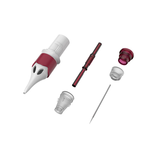 PMU cartridge needle exploded view showing needle, cartridge housing and membrane system
