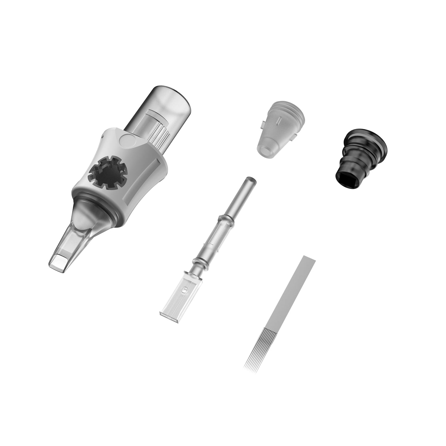 SP5 tattoo cartridge needle structure showing needle module cartridge body and soft grip components