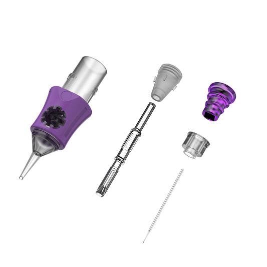 SP5 tattoo cartridge needle structure showing needle module cartridge body and soft grip components