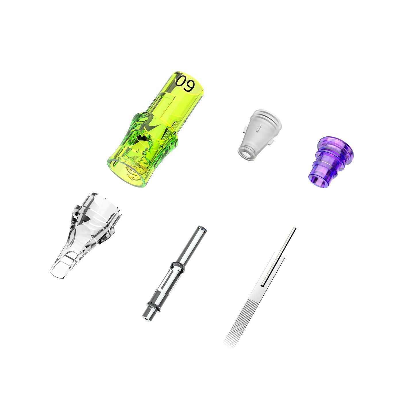 SP6 transparent modular tattoo cartridge needle showing internal needle alignment and cartridge structure