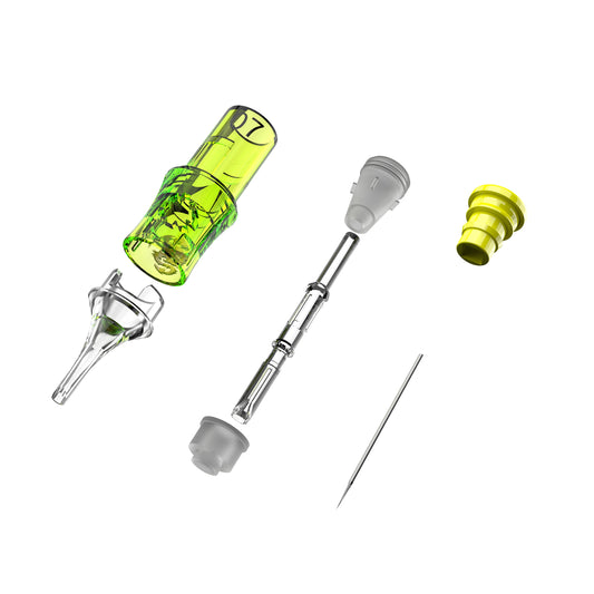 SP6 modular tattoo cartridge needle exploded view showing independent tip housing middle window and needle components