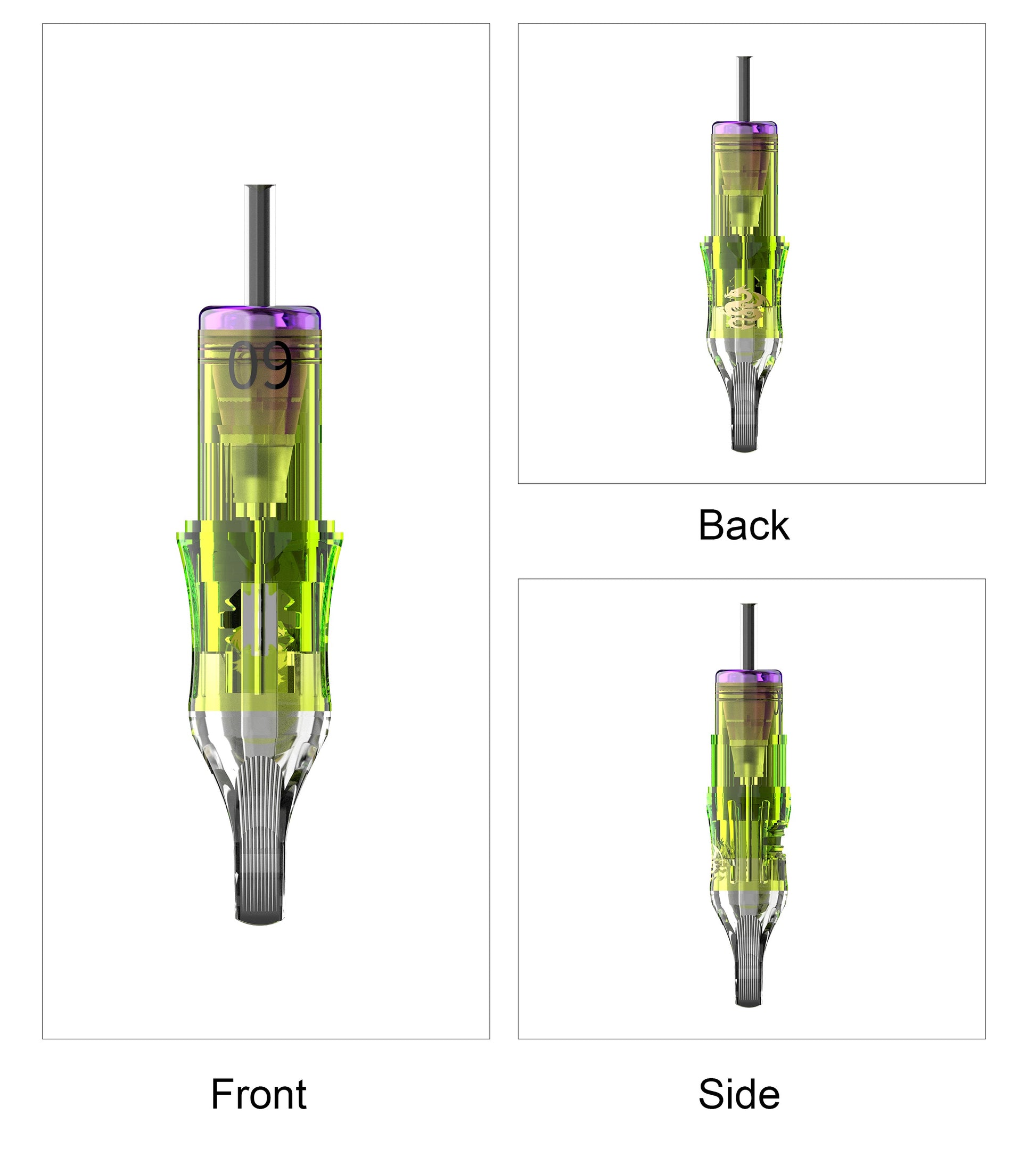 SP6 modular tattoo cartridge needle front side and rear view with customizable middle window section