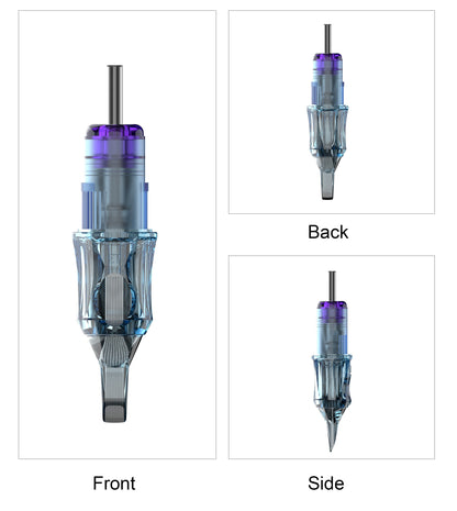 CM10 tattoo cartridge needle front side and back view with transparent cartridge design magnum