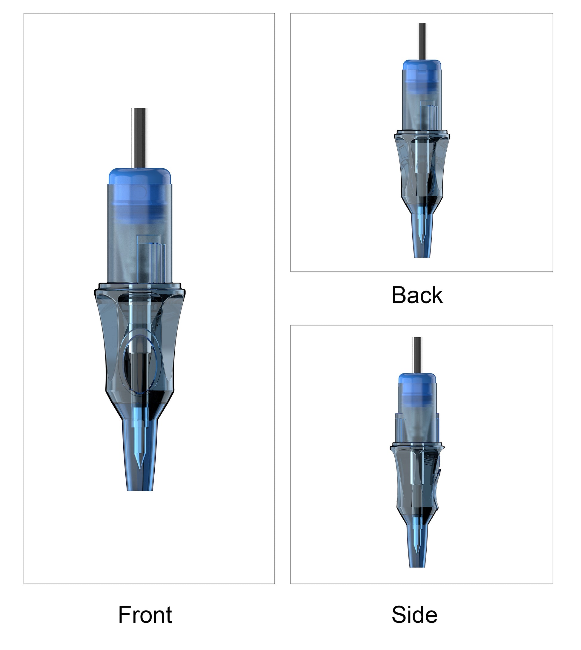 CM12 Ballpoint Pen Style Tattoo Cartridge Needle three view display showing front side and back design