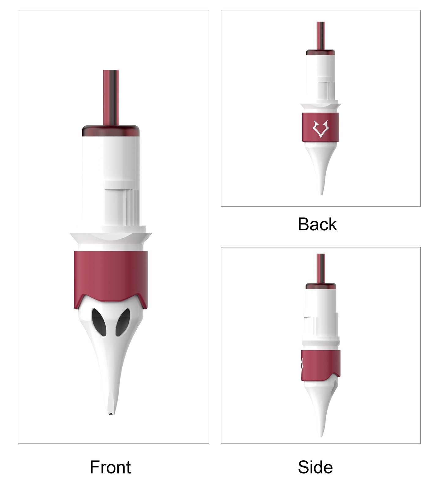 PMU cartridge needle front side and back view with fox-inspired design