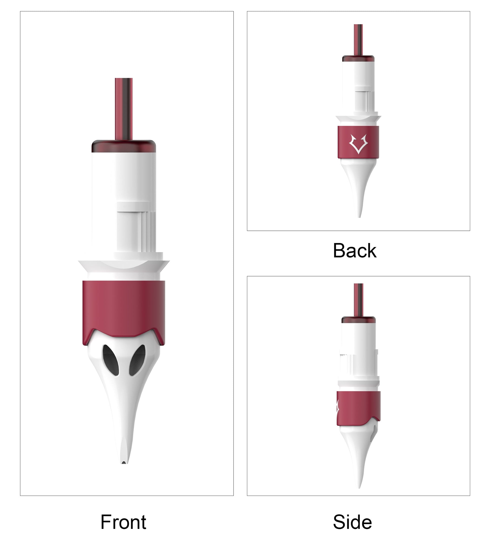 PMU cartridge needle front side and back view with fox-inspired design