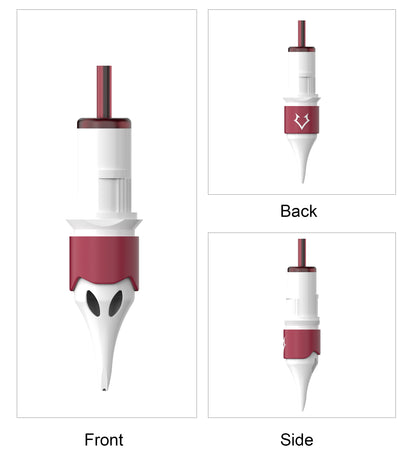 PMU cartridge needle front side and back view with fox-inspired design