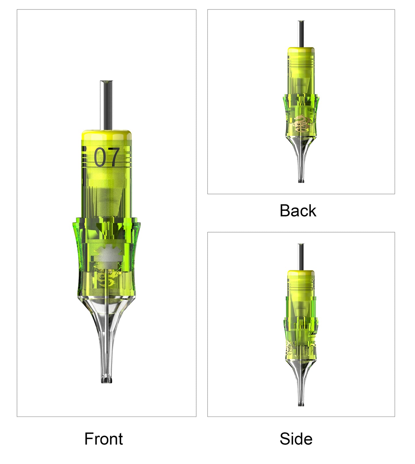 SP6 modular tattoo cartridge needle front side and rear view with customizable middle window section