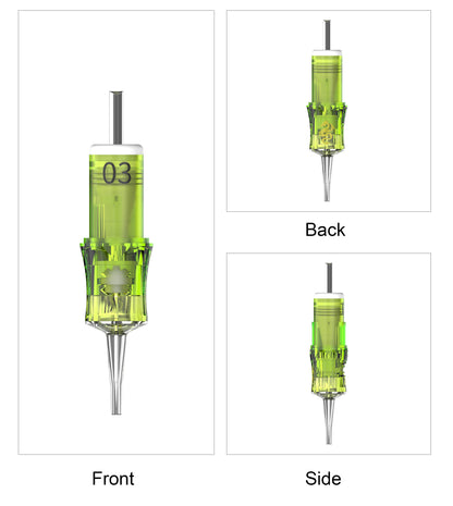 SP6 PMU modular cartridge needle front side and rear view with transparent housing structure