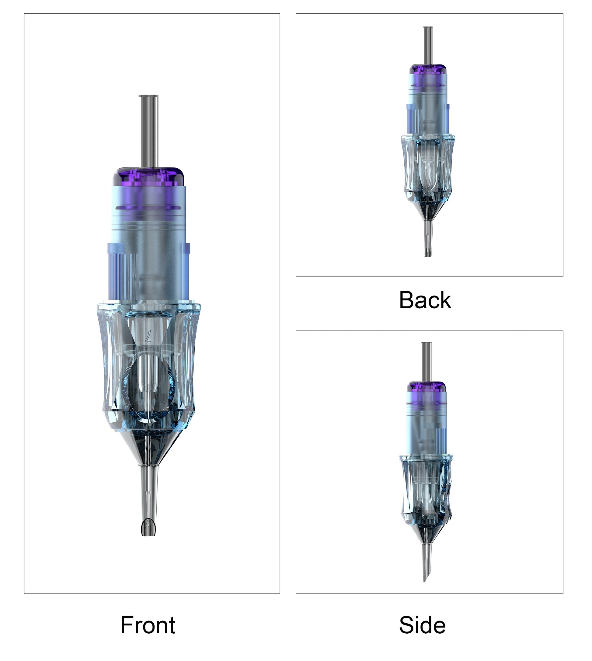 CM10 tattoo cartridge needle front side and back view with transparent cartridge design round