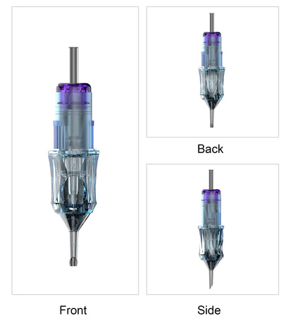 CM10 tattoo cartridge needle front side and back view with transparent cartridge design round
