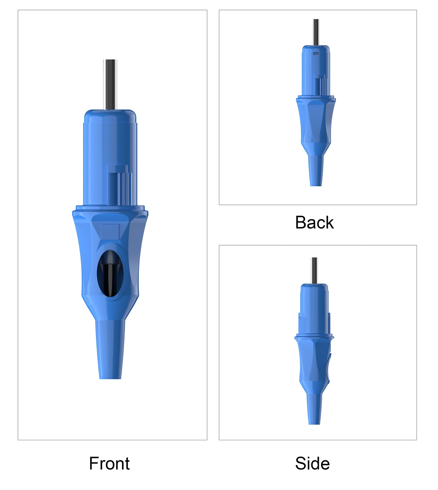 CM12 Ballpoint Pen Style Tattoo Cartridge Needle three view display showing front side and back design