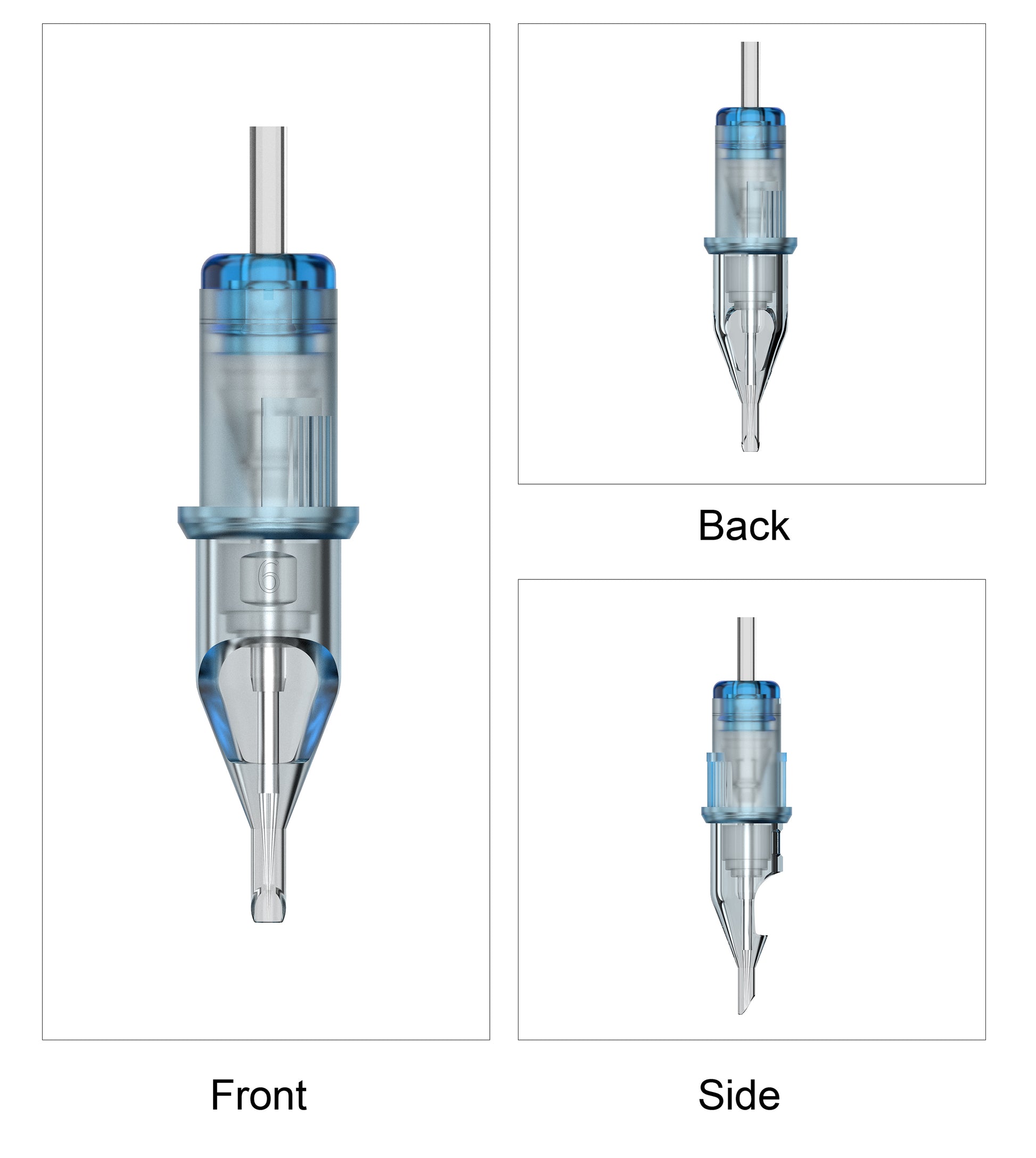 CM2 Standard Tattoo Cartridge Needle front, side and rear views