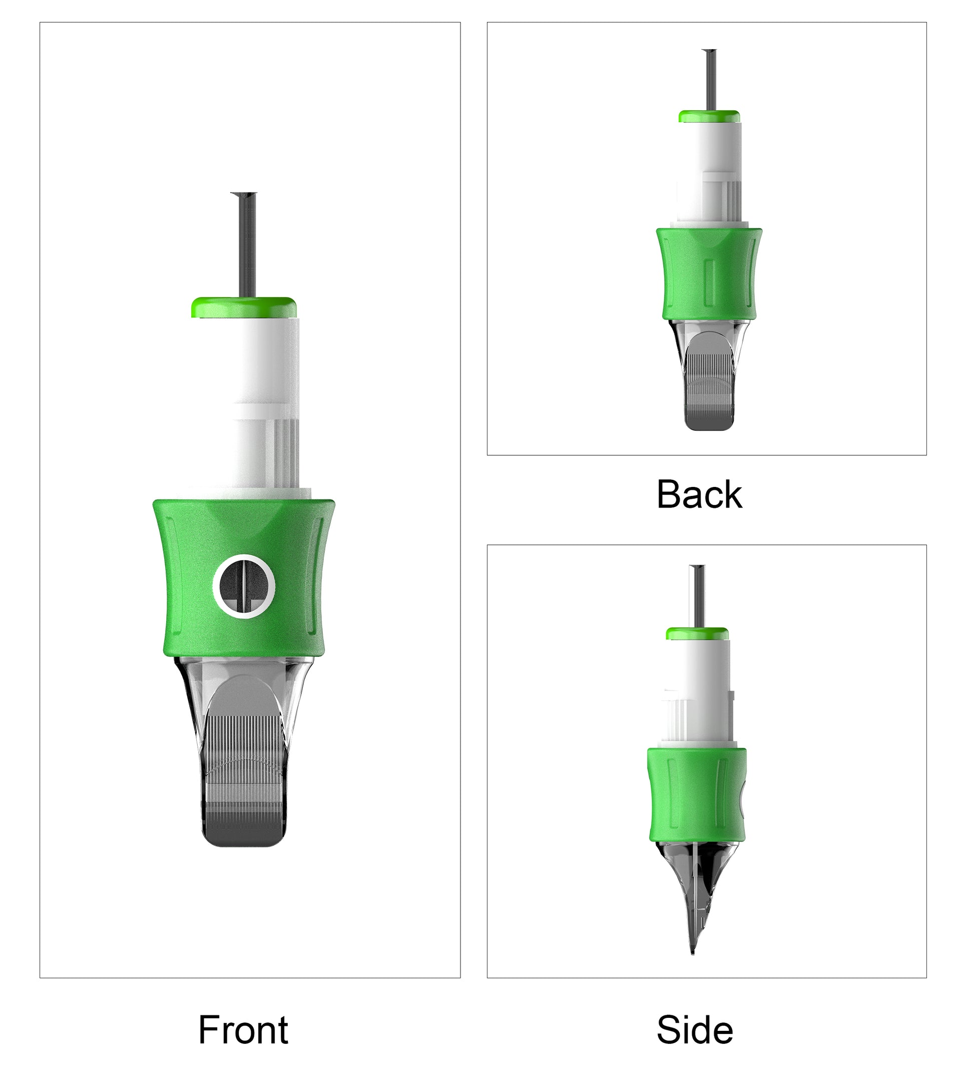 CM06-1 Ergonomic Tattoo Cartridge Needle front, side and rear views