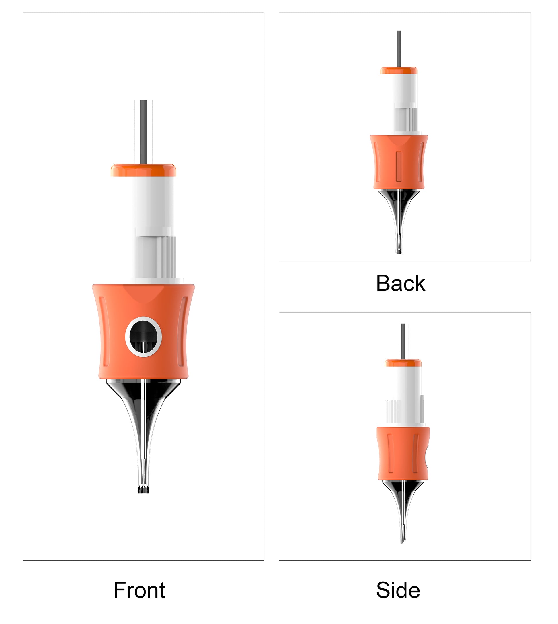 CM06-1 Ergonomic Tattoo Cartridge Needle front, side and rear views