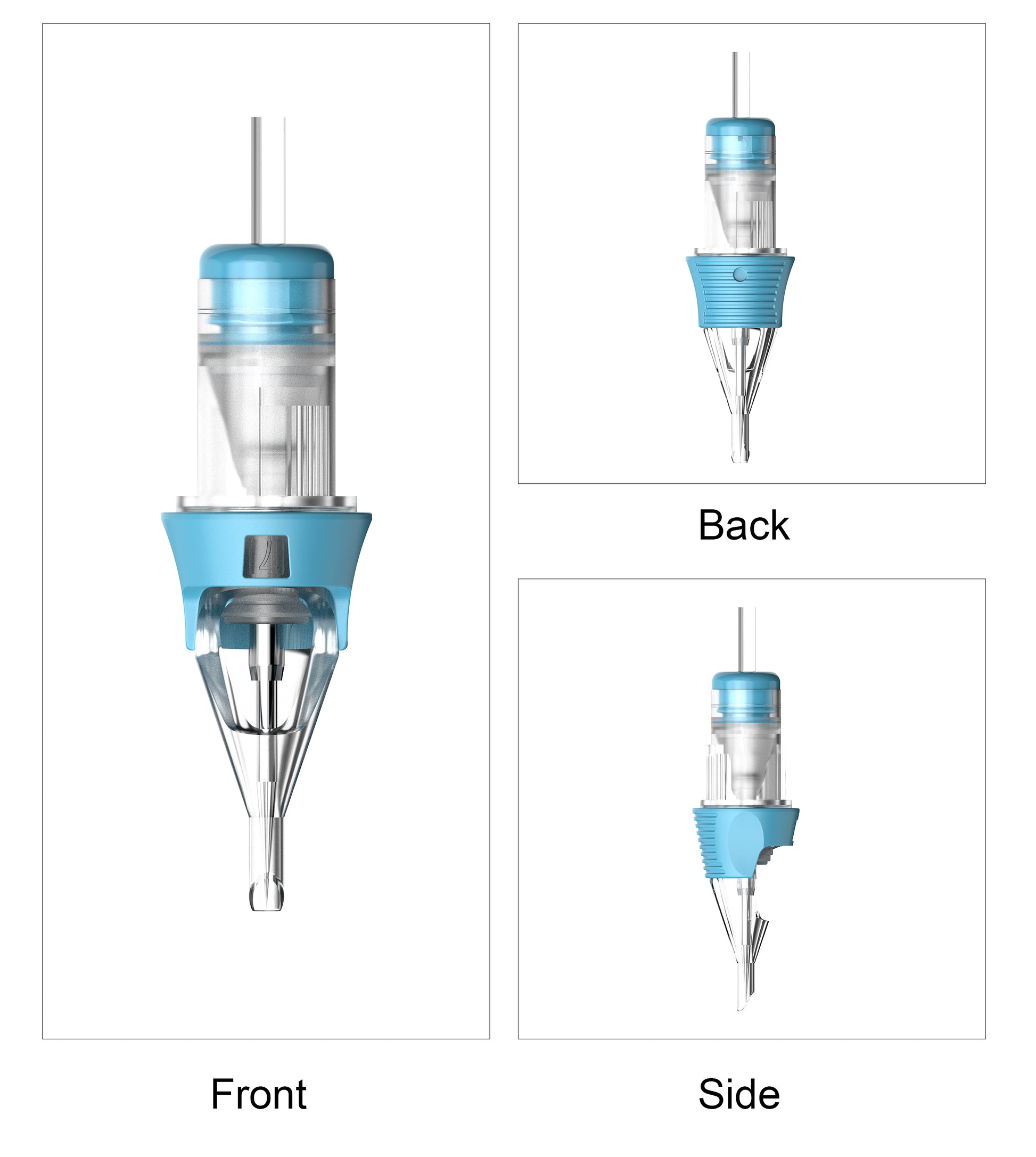 CM2-1 Ergonomic Tattoo Cartridge Needle front, side and rear views