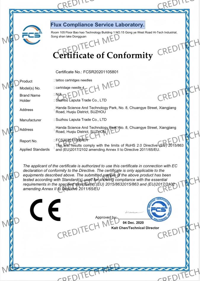 CE compliance verification report for tattoo cartridge needles according to EU RoHS requirements