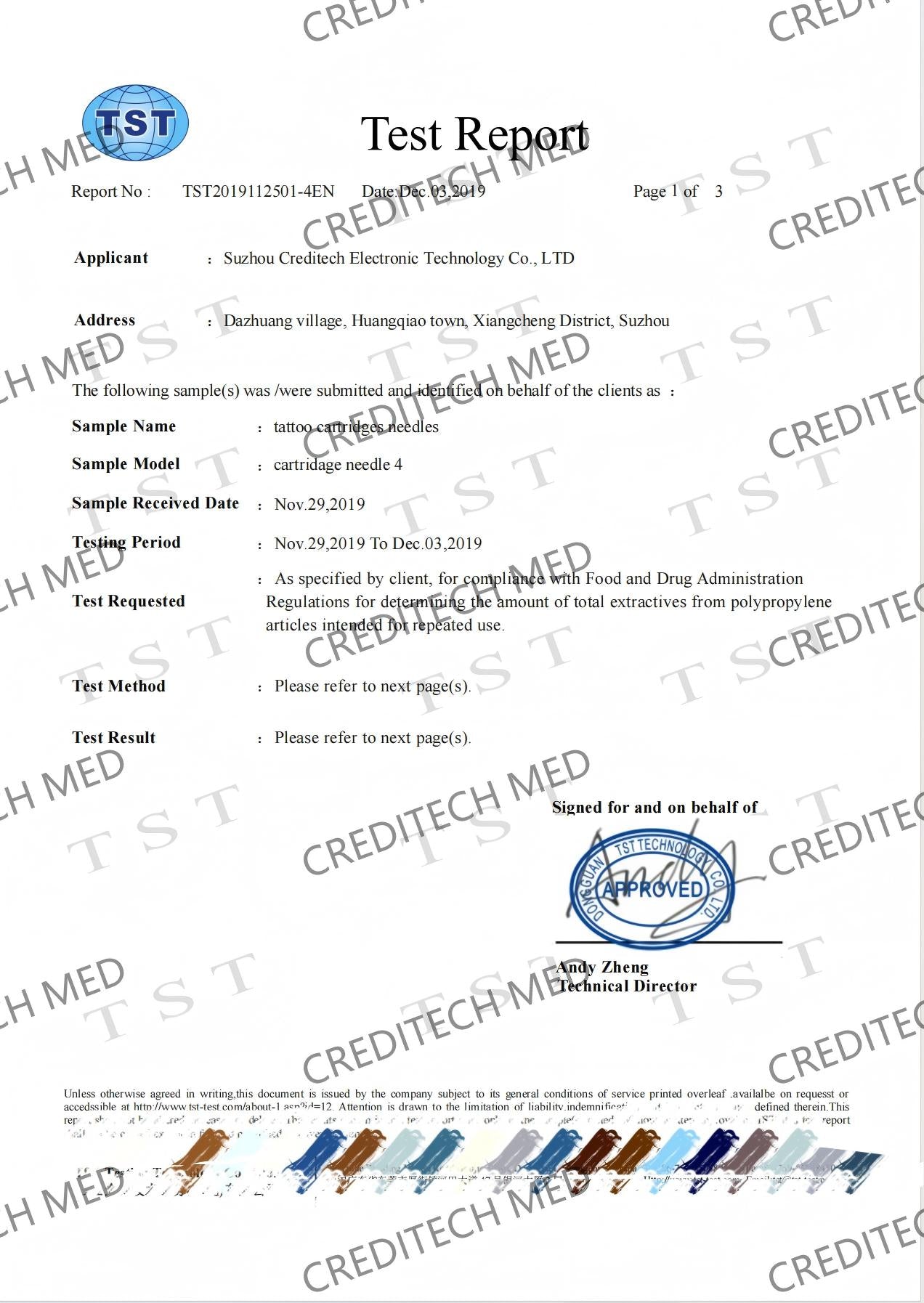 FDA compliance test report for polypropylene material used in tattoo cartridge needle components