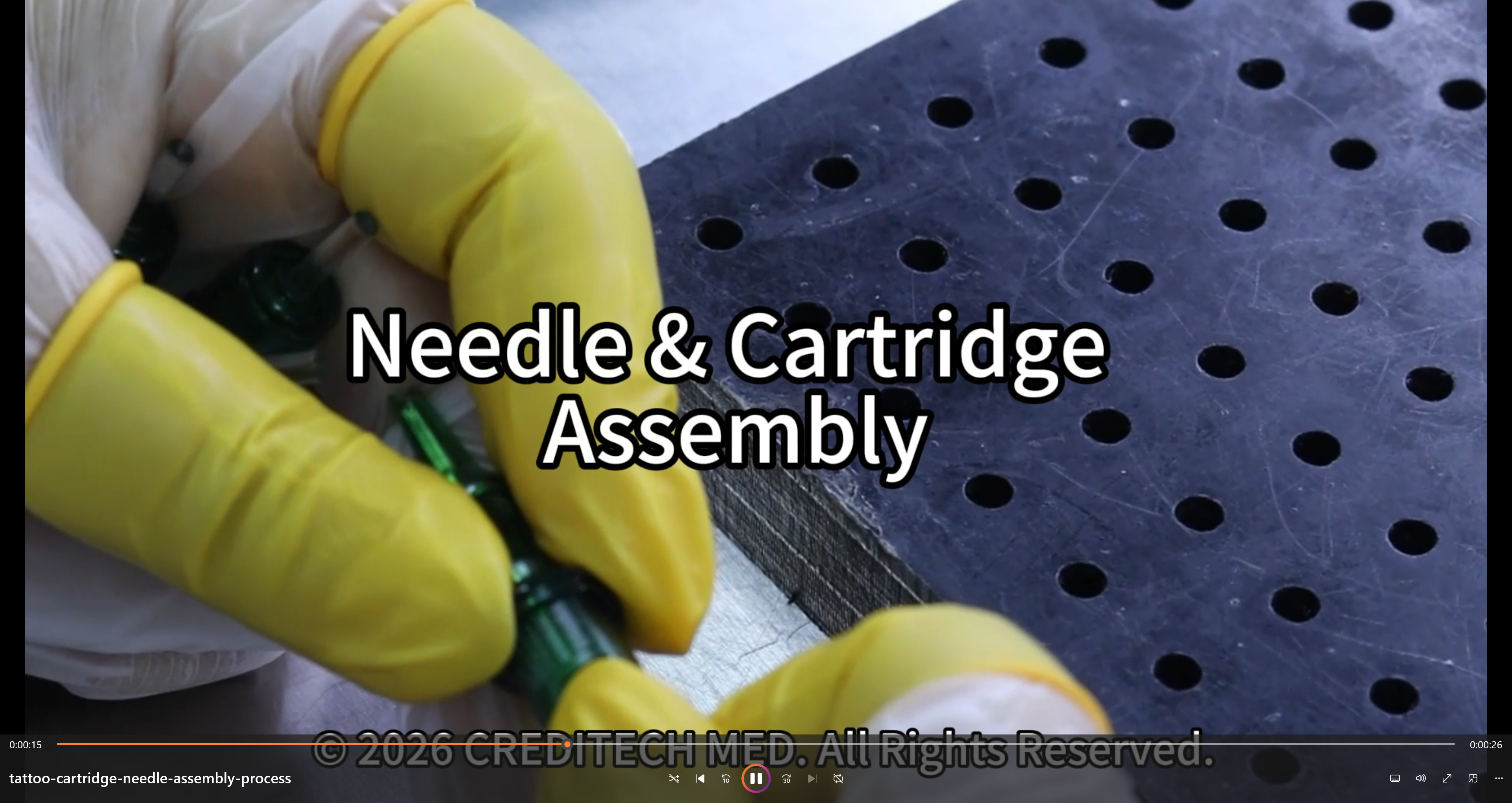 Load video: Tattoo cartridge needle assembly process at CREDITECH MED factory, showing precision assembly, component inspection, and quality control procedures.