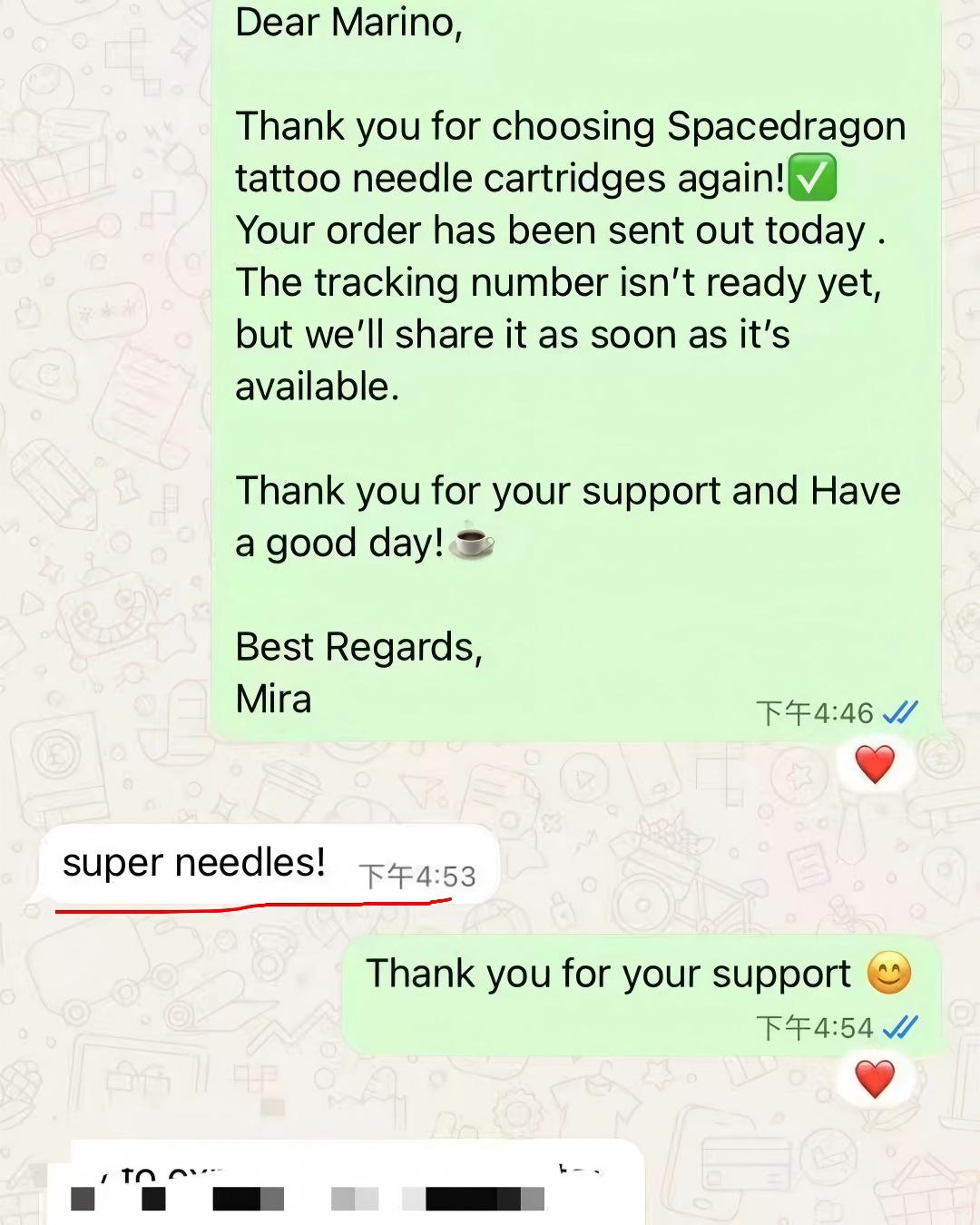 Customer feedback saying Spacedragon tattoo cartridge needles are the best needles