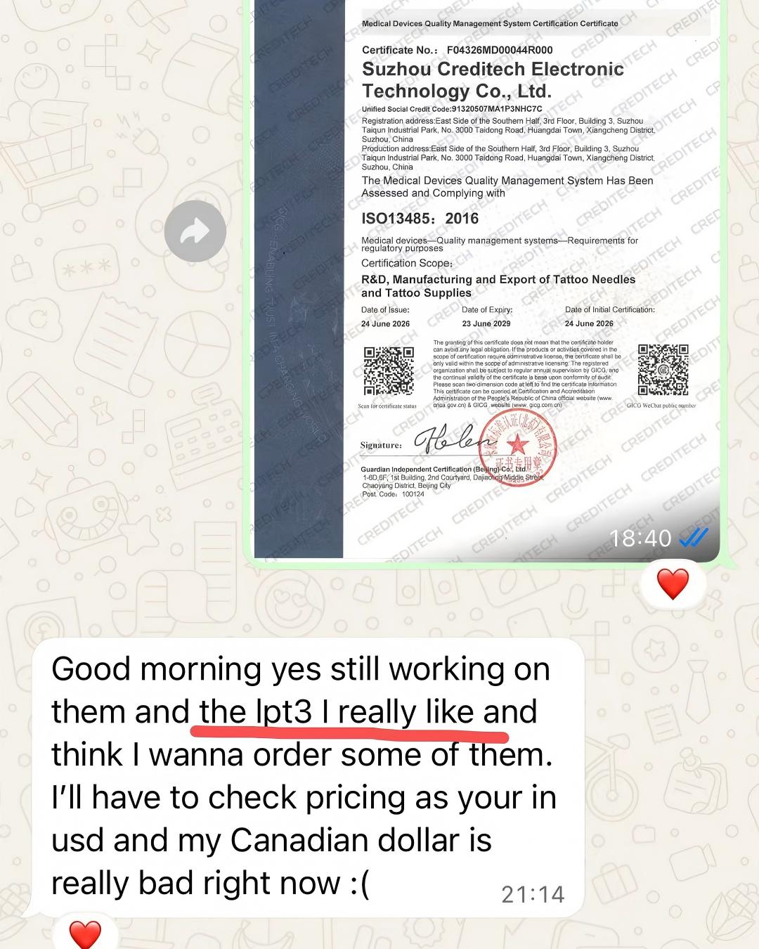Customer review showing positive feedback on LPT3 tattoo cartridge needles and intention to place an order