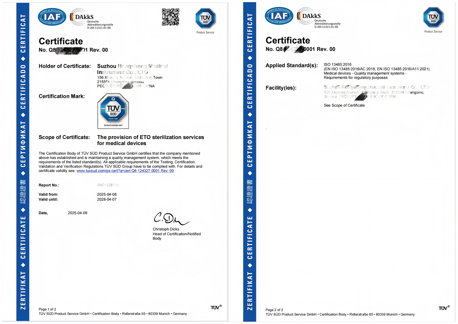 TÜV SÜD ISO 13485 certification for ETO sterilization services of medical devices